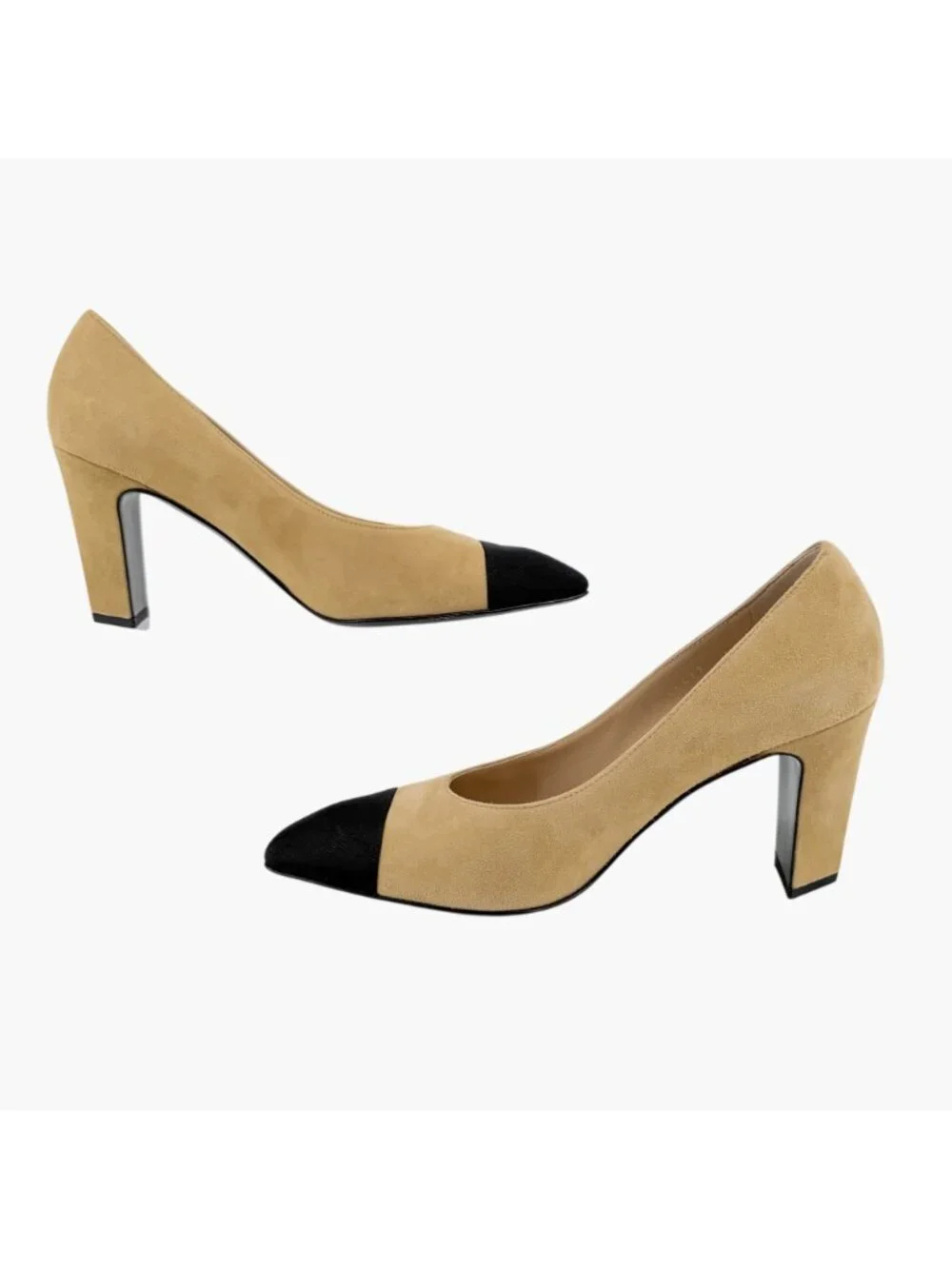 Chanel CC Cap Toe Pumps Heels Beige Black Two Tone Size 38.5 US 7.5-8 Crystal